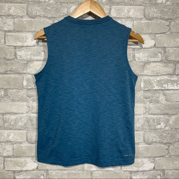 Nike Girls Large Athletic Tank Top Heather Blue Neon Green Logo Crewneck EUC - Picture 2 of 5